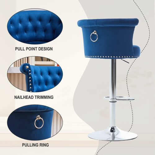 Velvet Bar Stool Set of 2, Adjustable Swivel Bar Stools with Silver