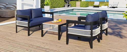 Multi-person Outdoor Iron Sofa Set with A table, Rattan Decoration,